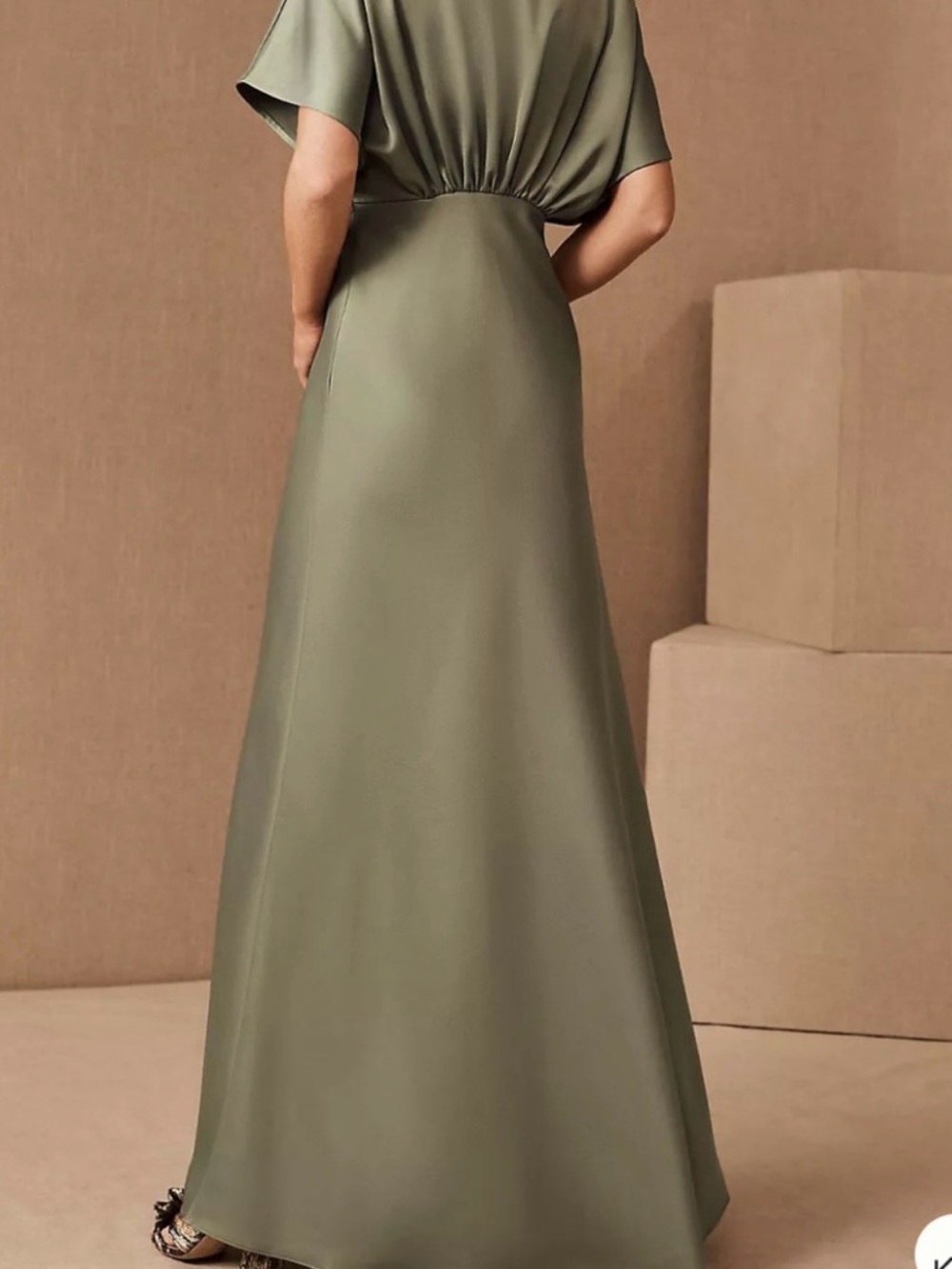 BHLDN LEILA DEEP-V
FLUTTER-SLEEVE SATIN A-LINE GOWN Moss Sage Green Size 4 - Picture 3 of 12